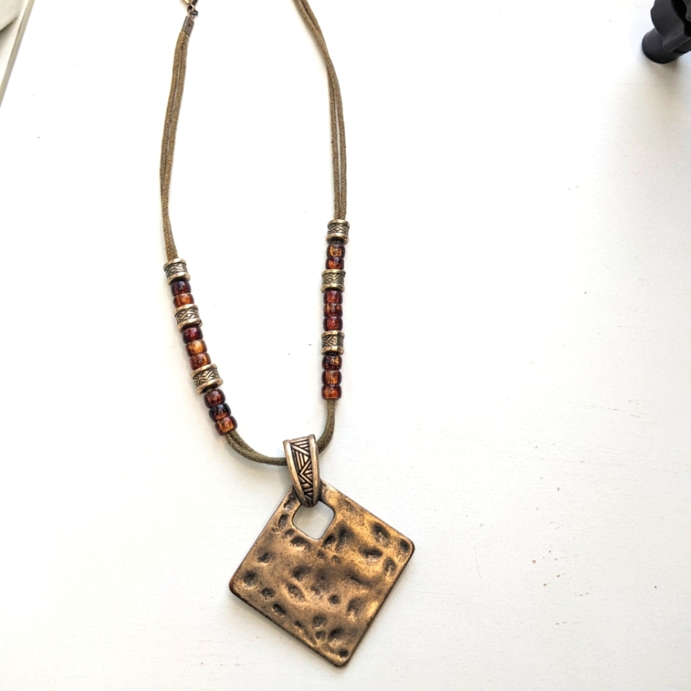 Necklace leather cord and hammered bronze look magnetic clasp pendant with beads